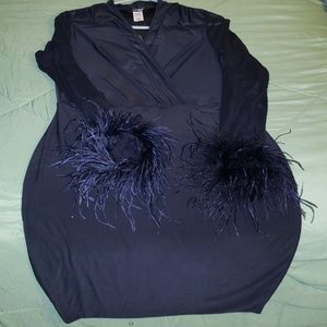 Mini dress with mesh sleeves and feather cuff